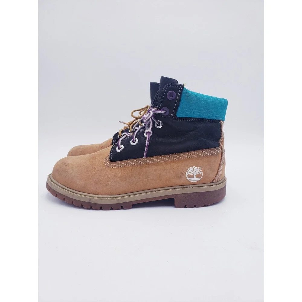 Timberland 6 Inch Premium Waterproof Boots Nubuck Tan Black Teal Youth Size 5